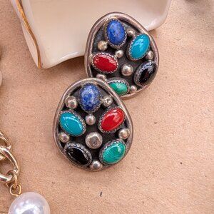 Vintage Southwestern Sterling Silver Earrings with Lapis Lazuli & Turquoise